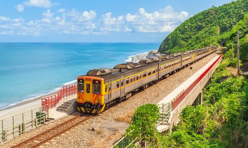 The iconic ‘Breezy Blue’ train is a refurbished 1950s train that travels the south coast of Taiwan.
