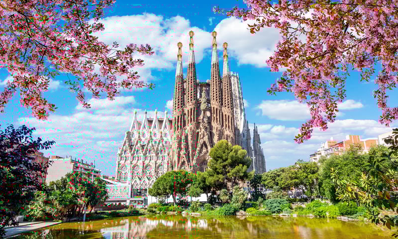 See the imposing Sagrada Familia Church in Barcelona, Spain.