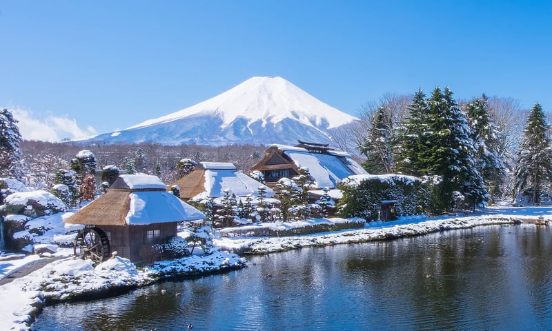 The snowy season transform the ponds into a winter wonderland at Oshino-Hakkai, Japan.