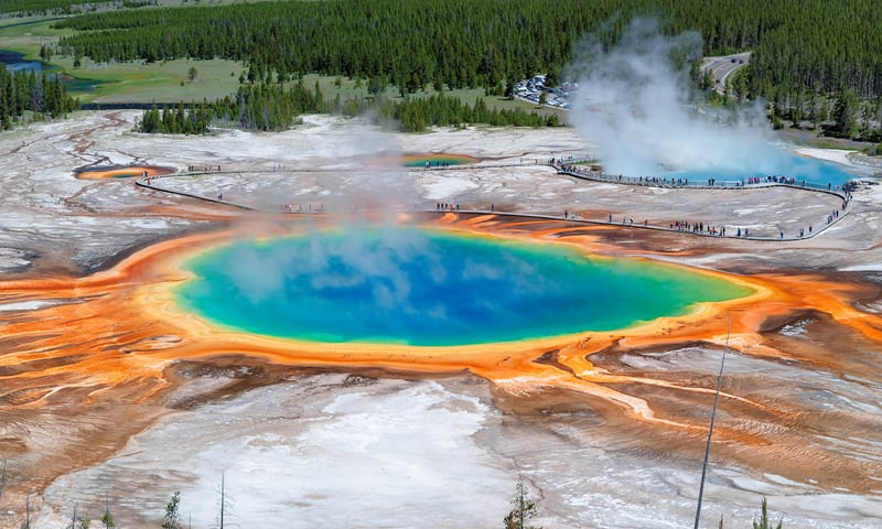 The Grand Prismatic Spring is located in the Midway Geyser Basin of Yellowstone National Park, USA.