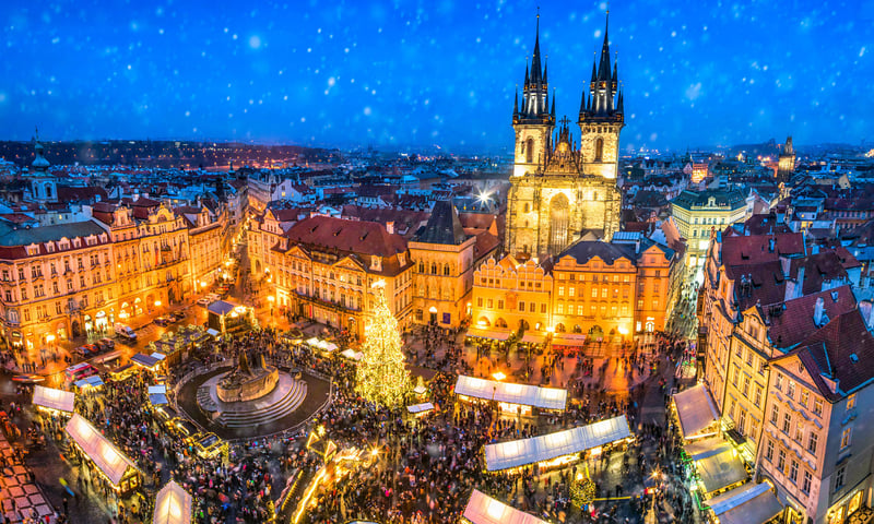 Prague's Old Town Square is a hub of sparkling activity and cheer.