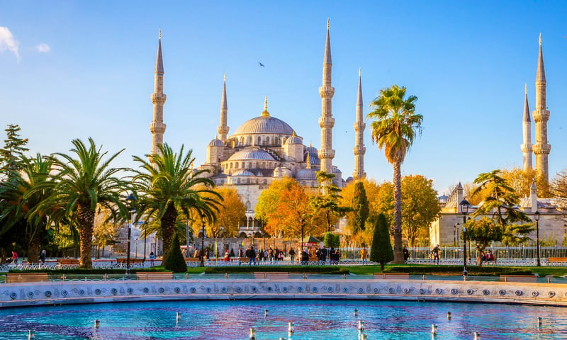 Istanbul's Sultan Ahmed Mosque, also known as the Blue Mosque, dominates the skyline.