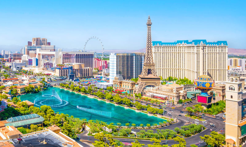 Walk down the neon-soaked Strip, the centre of Las Vegas, Nevada.