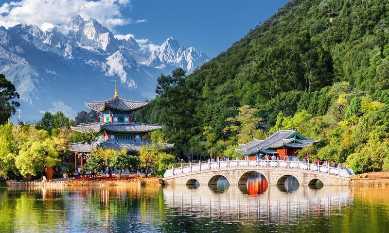 See the stunning Black Dragon Pool in Jade Spring park, Yunnan.
