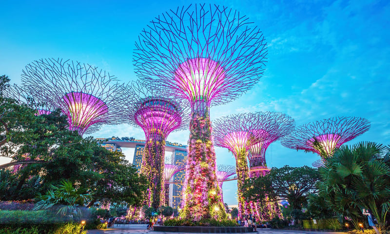 Your adventure begins in Singapore, home to the colourful Gardens by the Bay.