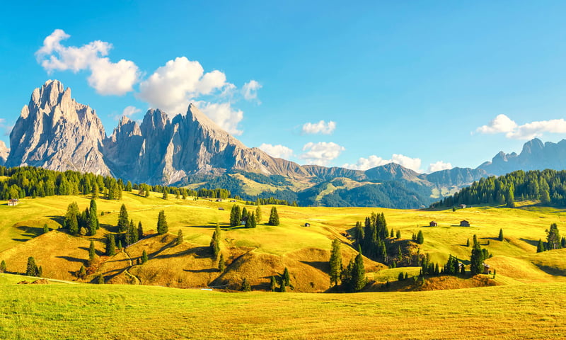 The rolling green pastures of Alpe di Siusi are framed by Italy's iconic Dolomite peaks.
