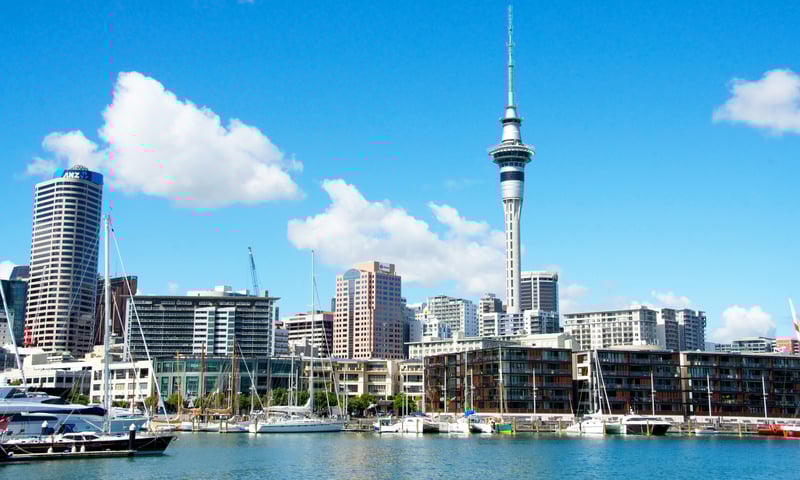 Look out for the Sky Tower in Auckland, New Zealand.