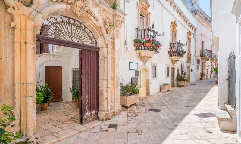 Admire the architecture of Locorotondo, Italy.