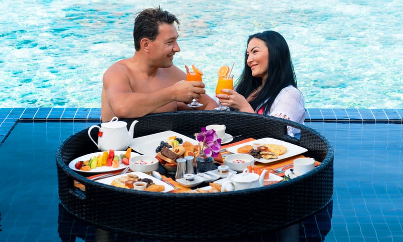 Indulge in luxurious floating breakfast at Adaaran Prestige Vadoo, Maldives.