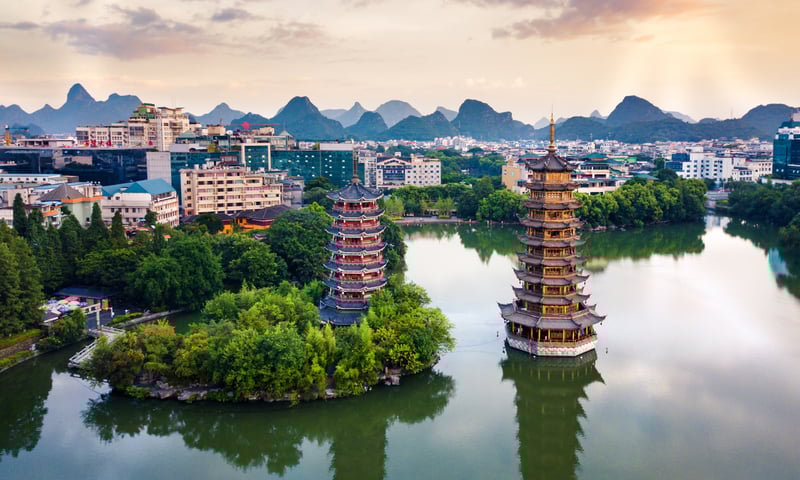 The Sun and Moon Pagodas in Guilin, China.