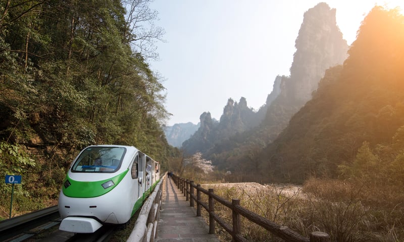 Take a one-way ride on the Ten-Li Gallery Monorail Train at Zhangjiajie National Forest Park.