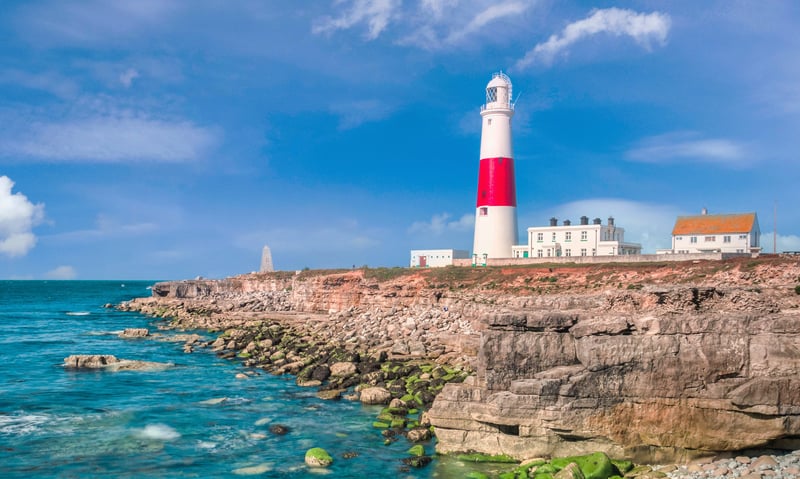 Spot the iconic Portland Bill Lighthouse in Portland, England.