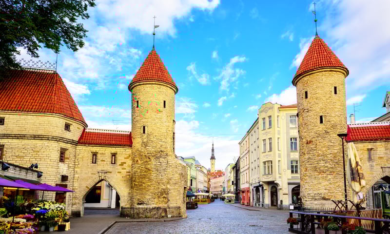 The Viru Gate, two ivory-covered watchtowers, were built in the 1300 in Tallinn's Old Town.