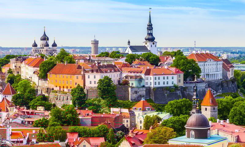 Tallinn's Gothic Town Hall, built in the 13th century, in Estonia.