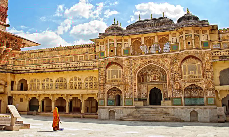 Next to Maota Lake, Amber Fort is the main landmark in Jaipur, Rajasthan, India.