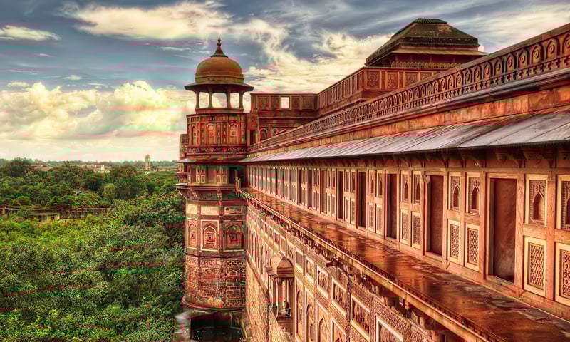 Agra Fort is about 2.5 kilometres northwest of the Taj Mahal in Uttar Pradesh, India.