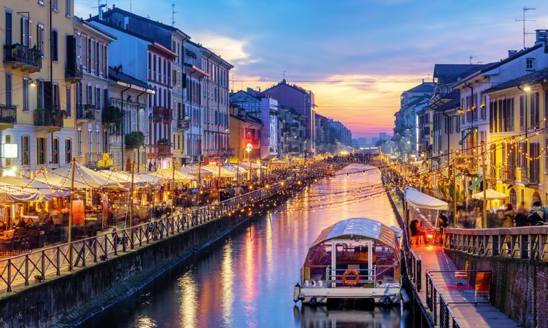 The Naviglio Grande,  is a canal connecting the Ticino River with Milan, Italy (Itinerary 2).