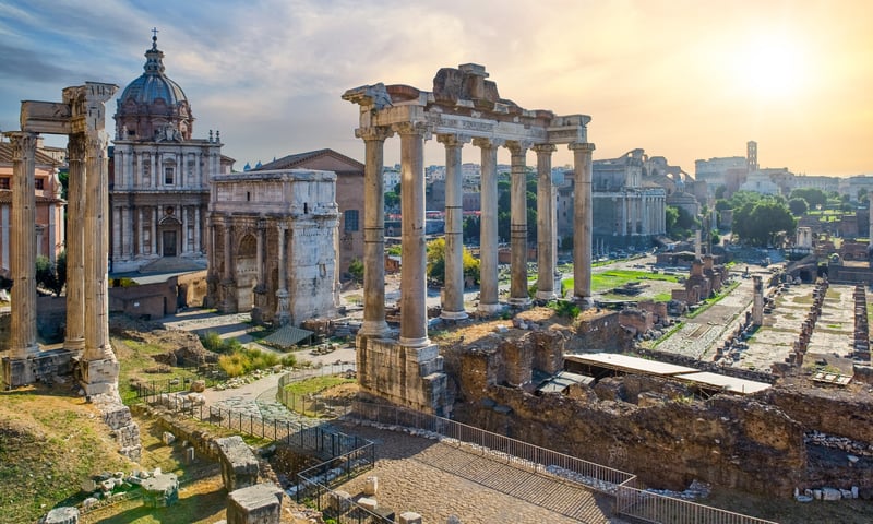 The Roman Forum is a rectangular structure surrounded by several ruins in central Rome, Italy.