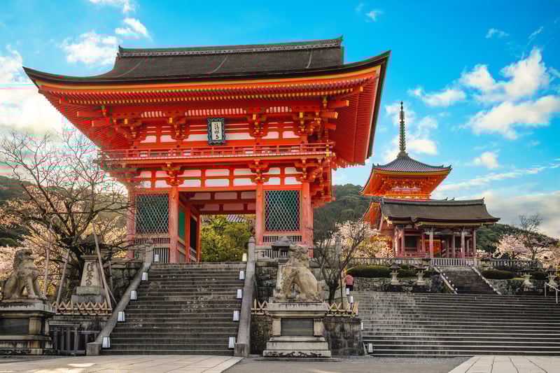 Marvel at the Buddhist Kiyomizudera temple in Kyoto, Japan.