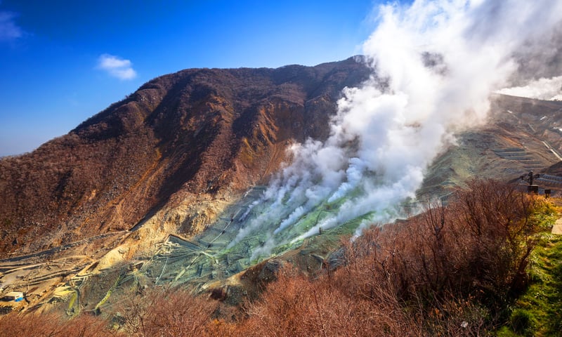 See active sulphur vents at Owakudani, Japan.