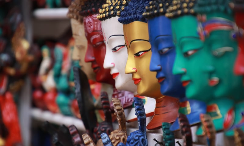 Traditional Himalayan wooden masks for sale in Kathmandu, nepal.
