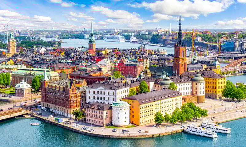 Gamla Stan (Old Town) and City Hall in Stockholm, Sweden.