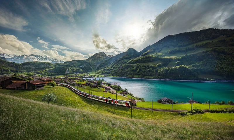 Ride the famous Gotthard Panorama Express train from Fluelen, Switzerland.