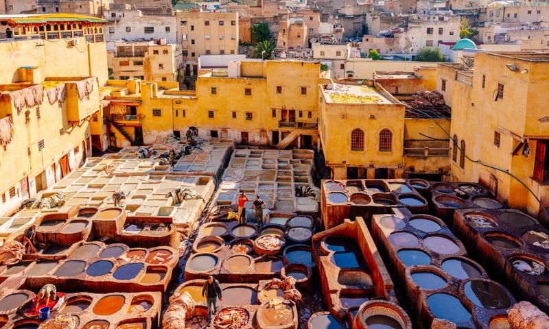 See tanners use traditional dyes at Fes, Morocco.