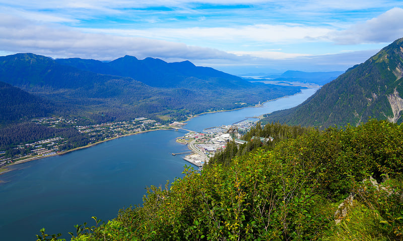 The view of remote Juneau from nearby Mt Roberts, Alaska, USA.