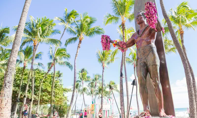 The statue of legendary surfer Duke Paoa Kahanamoku in Oahu, Hawaii.