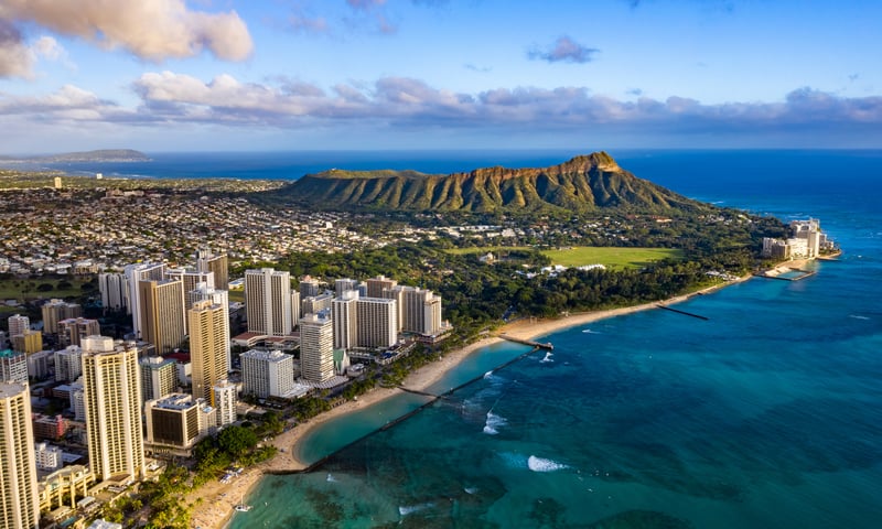 Striking Diamond Head, Kuhio Beach, Queen Kapiolani Regional Park and Waikiki in Honolulu, Hawaii.
