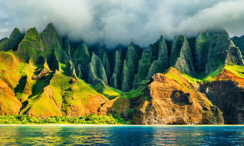 Na Pali Coast State Wilderness Park features sea cliffs, narrow valleys and waterfalls.