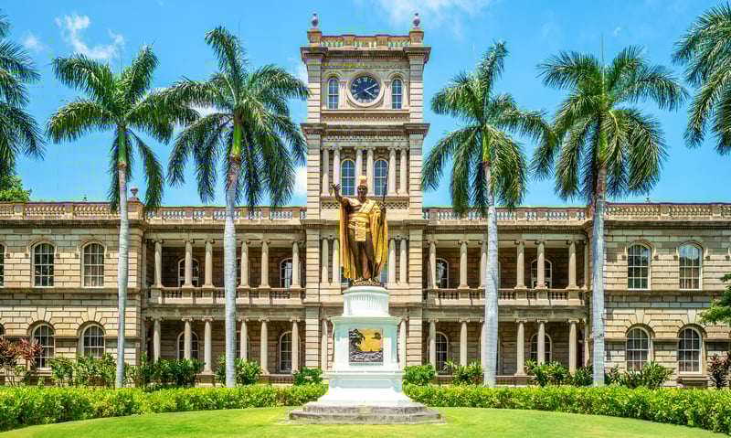 A statue honours King Kamehameha, first ruler of Hawaii, outside Honolulu's Supreme Court building.