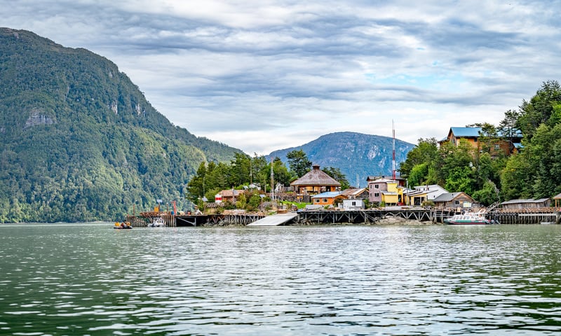 The picturesque Caleta Tortel in Chile is known for its wooden walkways and colourful houses.
