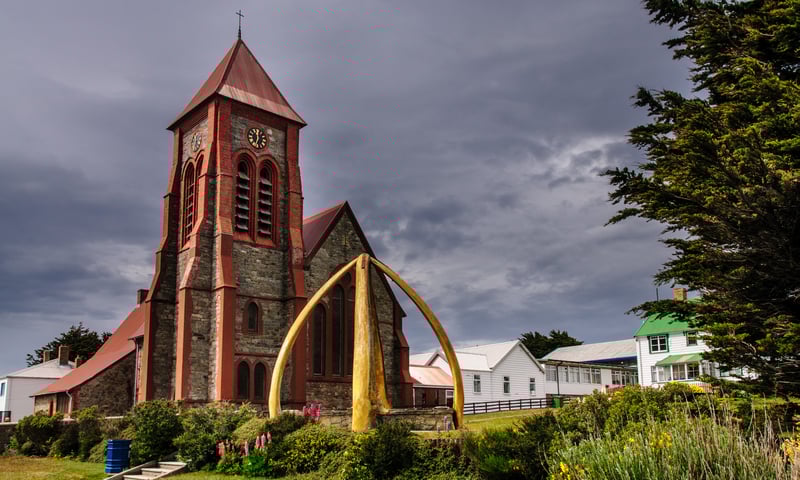 Stanley Cathedral and its dramatic whalebone sculpture, Falkland Islands.