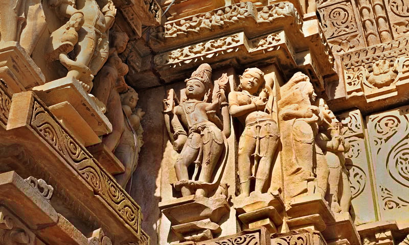 Khajuraho temples are famous for their intricate and often erotic sculptures.