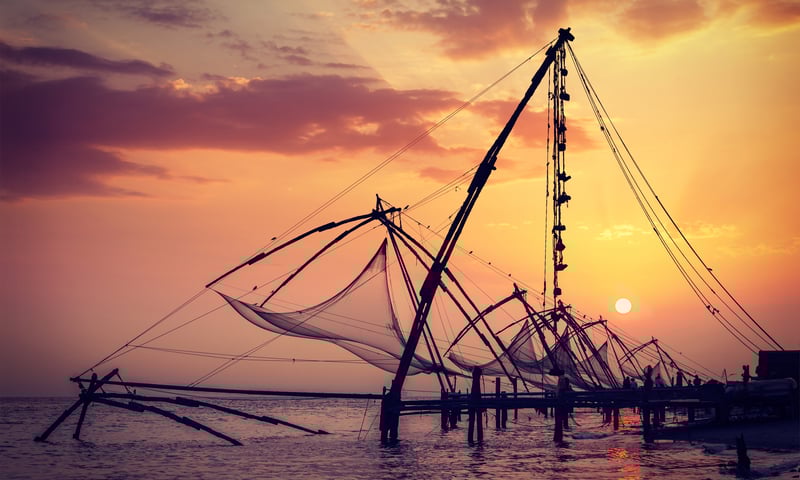 Traditional Chinese fishing nets in Kochi, Kerala (Itineray 2).