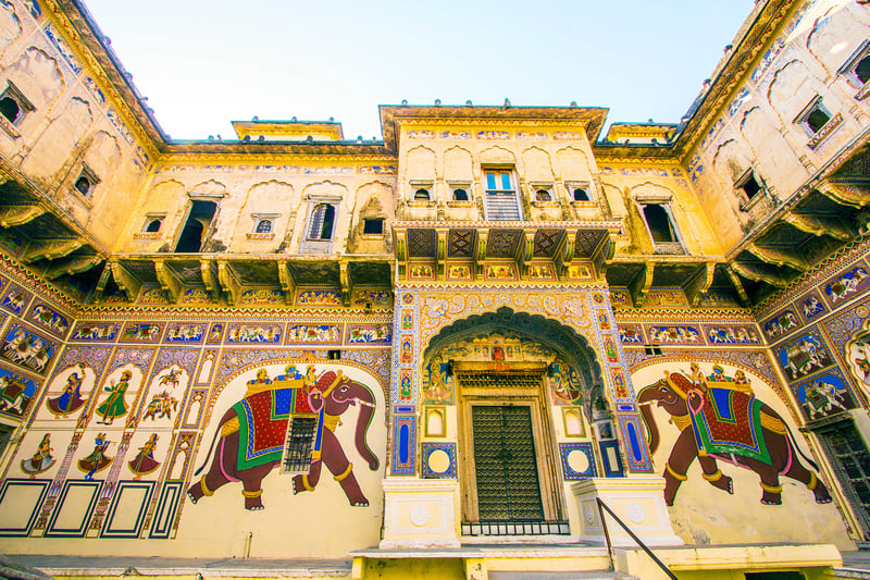 A haveli is an ornate mansion or townhouse in Mandawa, India.