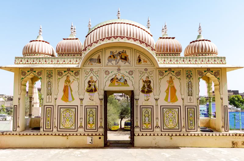 An elegant rooftop pavilion atop a Haveli in Mandawa, India.
