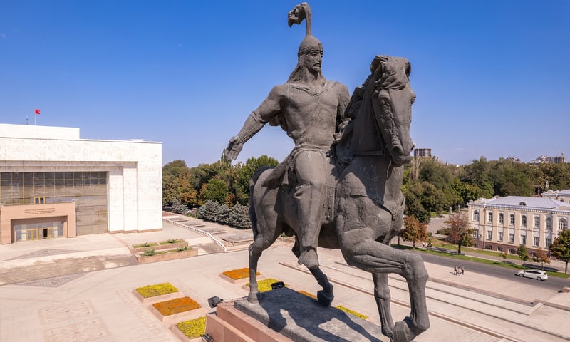 See the Aykol Manas Monument and Ala Too Square in Bishkek, Kyrgyzstan.