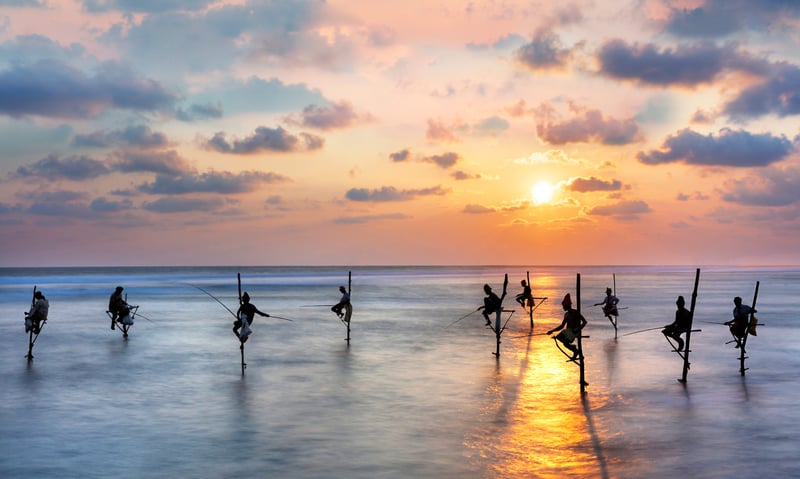 Stilt fishing, or Riti Panna, is a cultural activity done at sunrise or sunset in Galle, Sri Lanka.