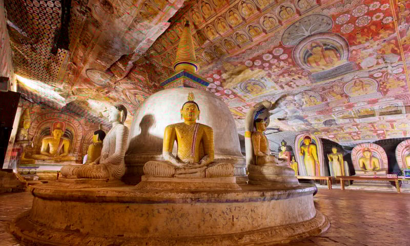 Explore the intricate traditional religious art found at Rock Cave Temple in Dambulla, Sri Lanka.