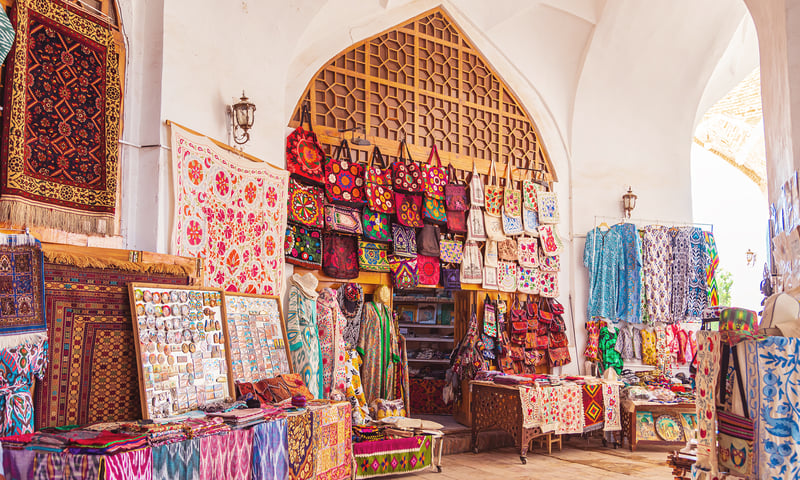 Shop at the Tok-i Zargaron bazaar in Bukhara, Uzbekistan.