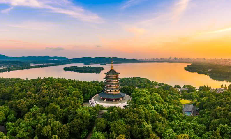 Search for the beautiful pagodas around West Lake in Hangzhou, China.