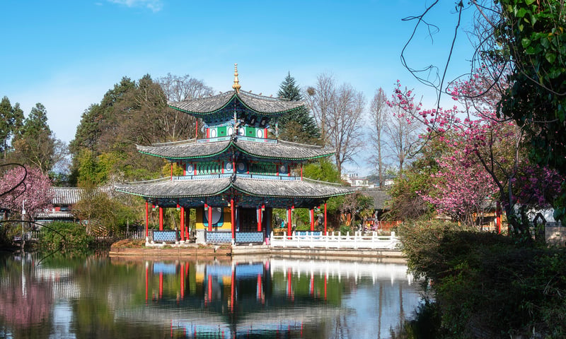 Moon Embracing Pavilion in Black Dragon Pool, Lijiang.