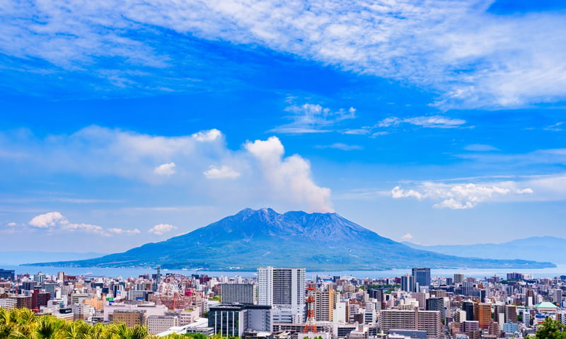 Sakurajima volcano serves as the backdrop for the Japanese city of Kagoshima.