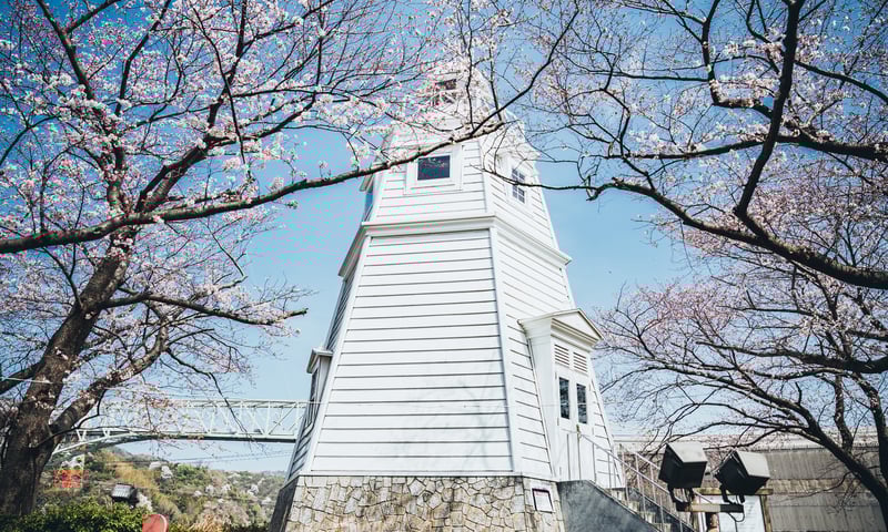 The historic wooden lighthouse in Sakai Daiba Park, Sakaiminato, Japan.
