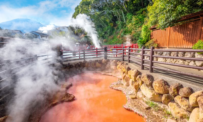 The Hells of Beppu  are pools coloured by the minerals in the bubbling hot water (not for bathing).