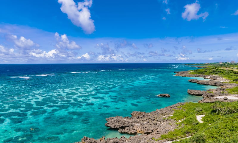See the fringing coral reef around Miyakojima, Japan.