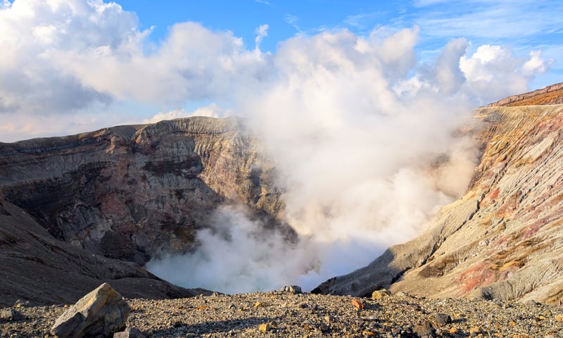 Mount Aso's ancient caldera ranks among the world's largest, with a diameter of up to 25 kilometres.